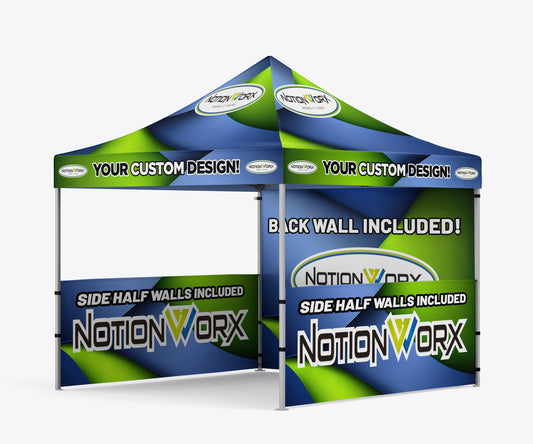 Premium 10x10 Custom Canopy Tent – HEX Aluminum Frame (Silver) with Full Back Wall, Two Half Side Walls & 17" Valance (Dye-Sublimation Printing)