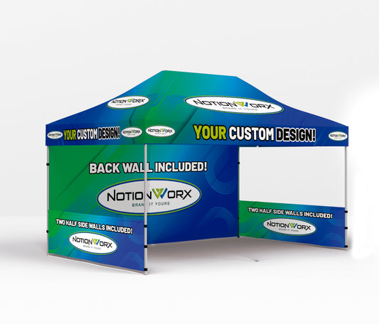 Premium 10x15 Custom Canopy Tent – HEX Aluminum Frame (Silver) with Full Back Wall, Two Half Side Walls & 17" Valance (Dye-Sublimation Printing)