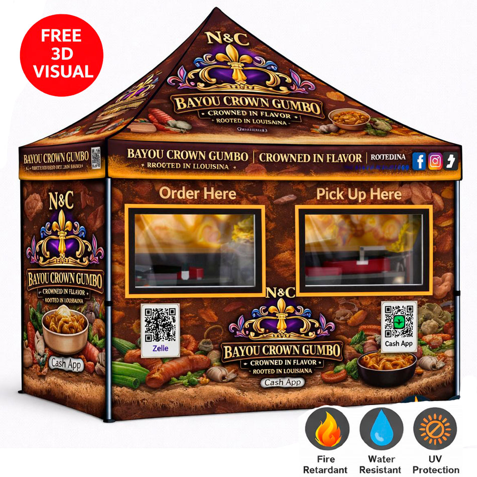 Custom Food Booth Canopy Tent Package 10' x 10'-HEX Aluminum Frame, Full Back Wall & 3 Half Side Walls with Half Mesh with Windows.