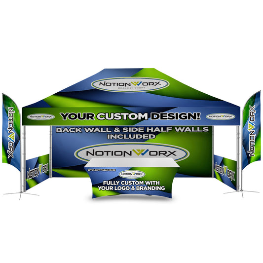 Trade Show Essential 10x15 Custom Canopy Tent – HEX Aluminum Frame, Full Back Wall & Half Side Walls + Flags + Table Cover