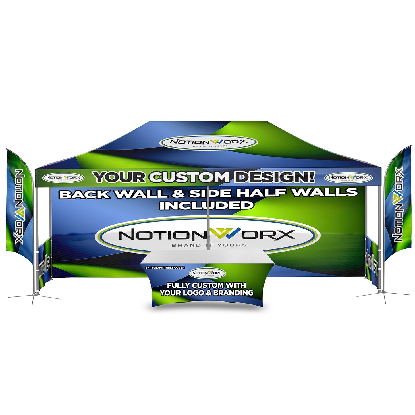 Trade Show Essential 10x20 Custom Canopy Tent – HEX Aluminum Frame, Full Back Wall & Half Side Walls + Flags + Table Cover