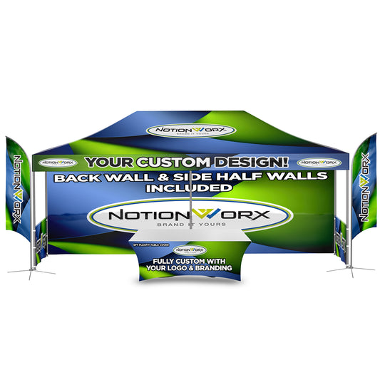 Trade Show Essential 10x20 Custom Canopy Tent – HEX Aluminum Frame, Full Back Wall & Half Side Walls + Flags + Table Cover