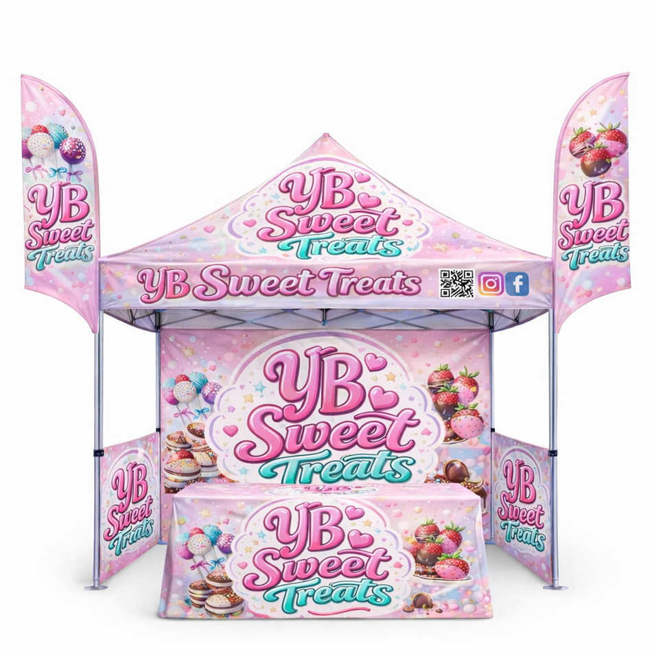 Trade Show Essential 10x10 Custom Canopy Tent – HEX Aluminum Frame, Full Back Wall & Half Side Walls + Mounted Flags + Table Cover