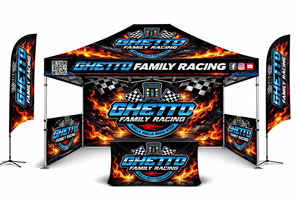 Trade Show Essential 10x15 Custom Canopy Tent – HEX Aluminum Frame, Full Back Wall & Half Side Walls + Flags + Table Cover