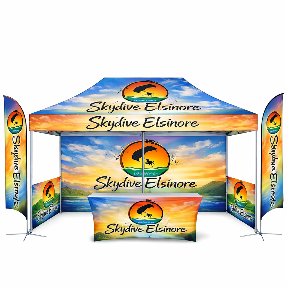 Trade Show Essential 10x20 Custom Canopy Tent – HEX Aluminum Frame, Full Back Wall & Half Side Walls + Flags + Table Cover
