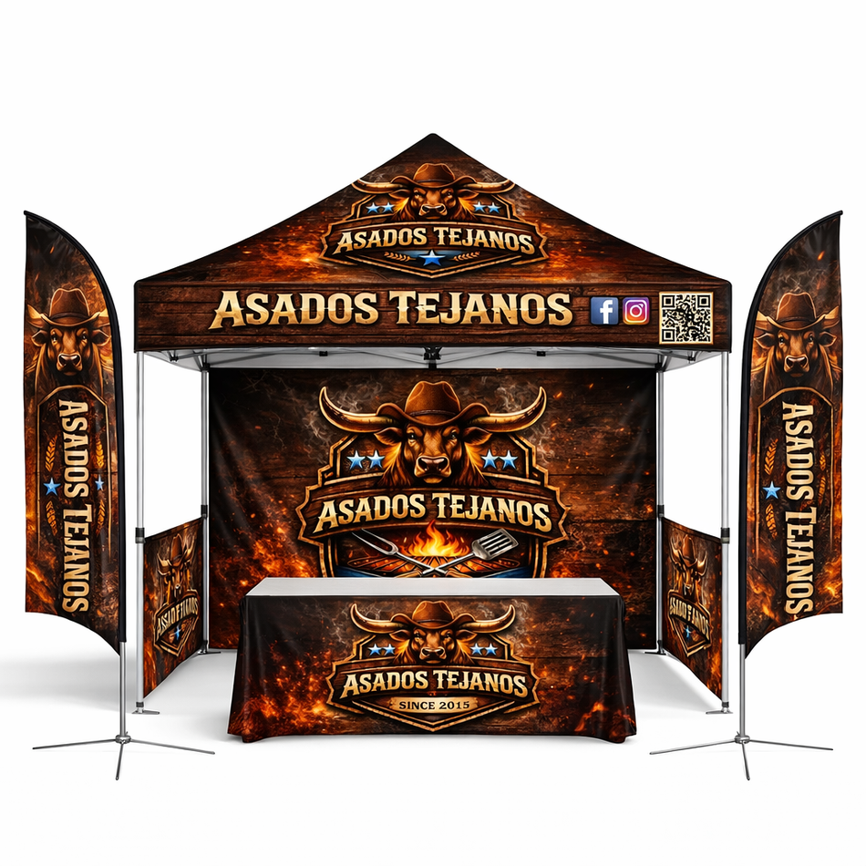 Trade Show Essential 10x10 Custom Canopy Tent – HEX Aluminum Frame, Full Back Wall & Half Side Walls + Flags + Table Cover
