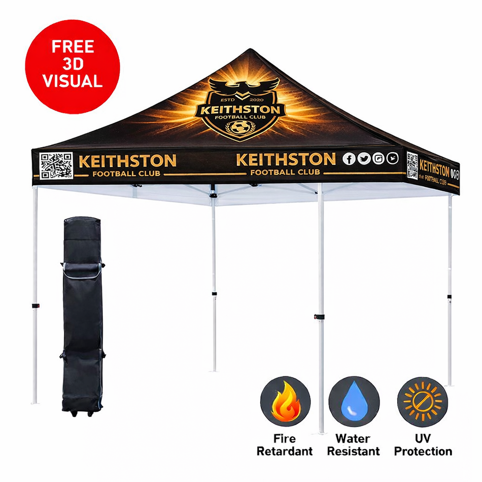 Carpa personalizada Premium 10x10 – Estructura hexagonal de aluminio (plateada) y faldón de 17" (impresión por sublimación de tinta)