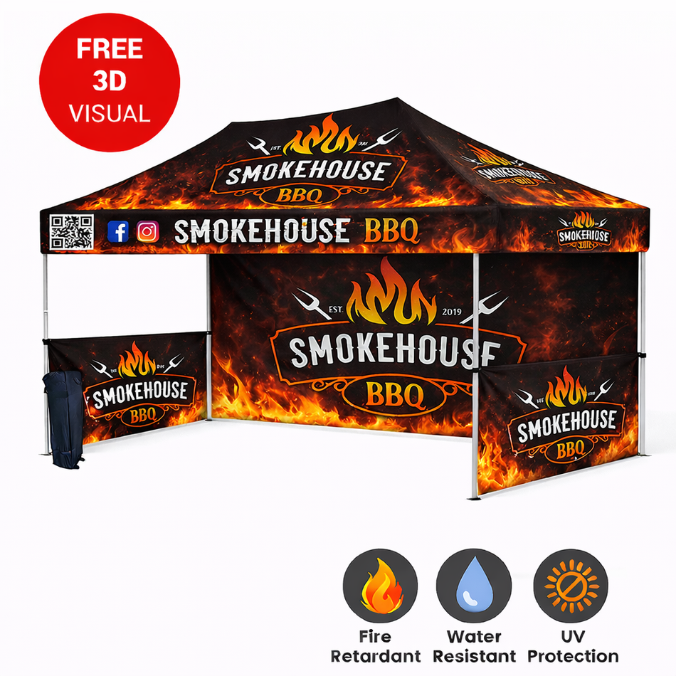 Carpa personalizada Premium 10x15 – Estructura hexagonal de aluminio (plateada) con pared trasera completa, dos medias paredes laterales y faldón de 17" (Impresión por sublimación de tinta)