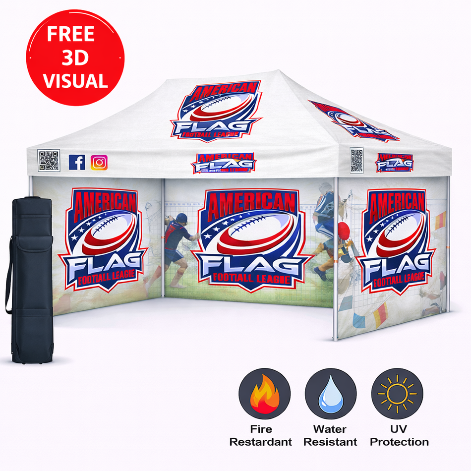 Carpa personalizada Premium 10x15 – Estructura hexagonal de aluminio (plateada) con tres paredes completas y faldón de 17" (Impresión por sublimación de tinta)