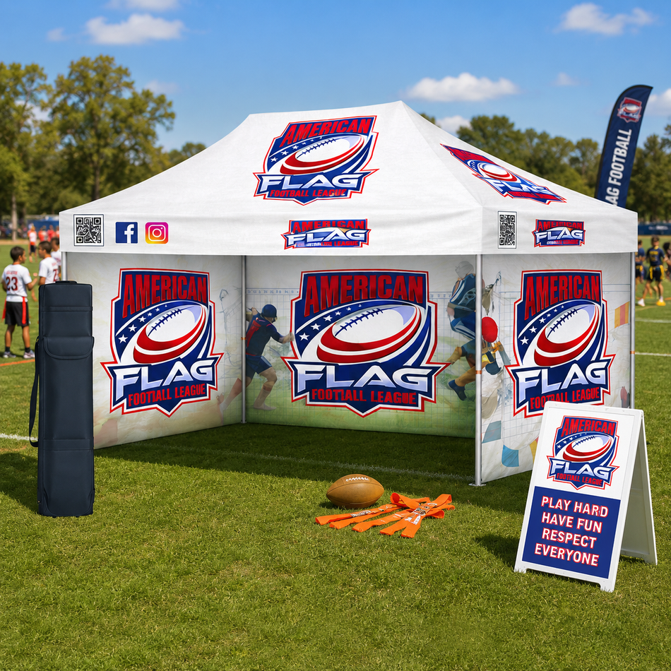 Carpa personalizada Premium 10x15 – Estructura hexagonal de aluminio (plateada) con tres paredes completas y faldón de 17" (Impresión por sublimación de tinta)