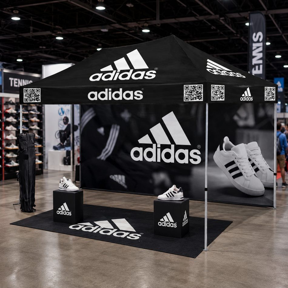 Carpa personalizada Premium 10x15 – Estructura hexagonal de aluminio (plateada) con pared trasera completa y faldón de 17" (Impresión por sublimación de tinta)