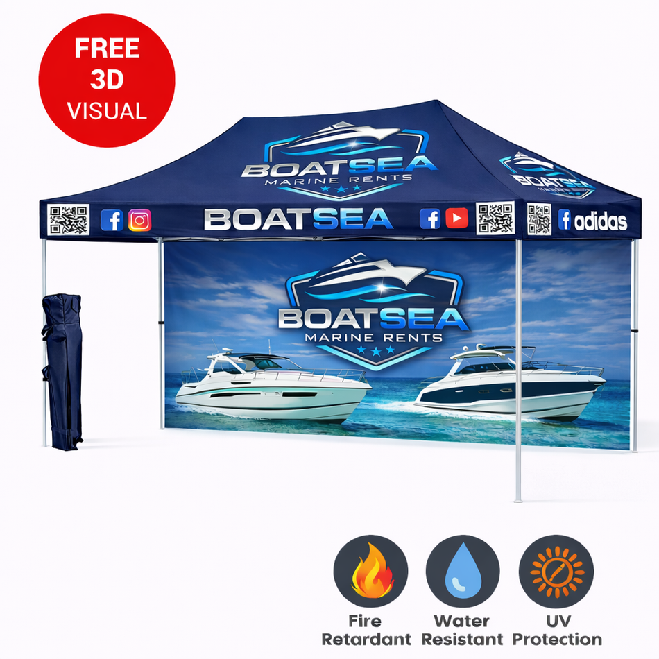 Carpa personalizada Premium 10x15 – Estructura hexagonal de aluminio (plateada) con pared trasera completa y faldón de 17" (Impresión por sublimación de tinta)