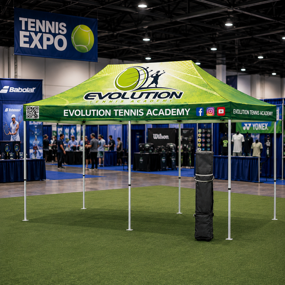 Carpa personalizada Premium 10x20 – Estructura hexagonal de aluminio (plateada) y faldón de 17" (impresión por sublimación de tinta)
