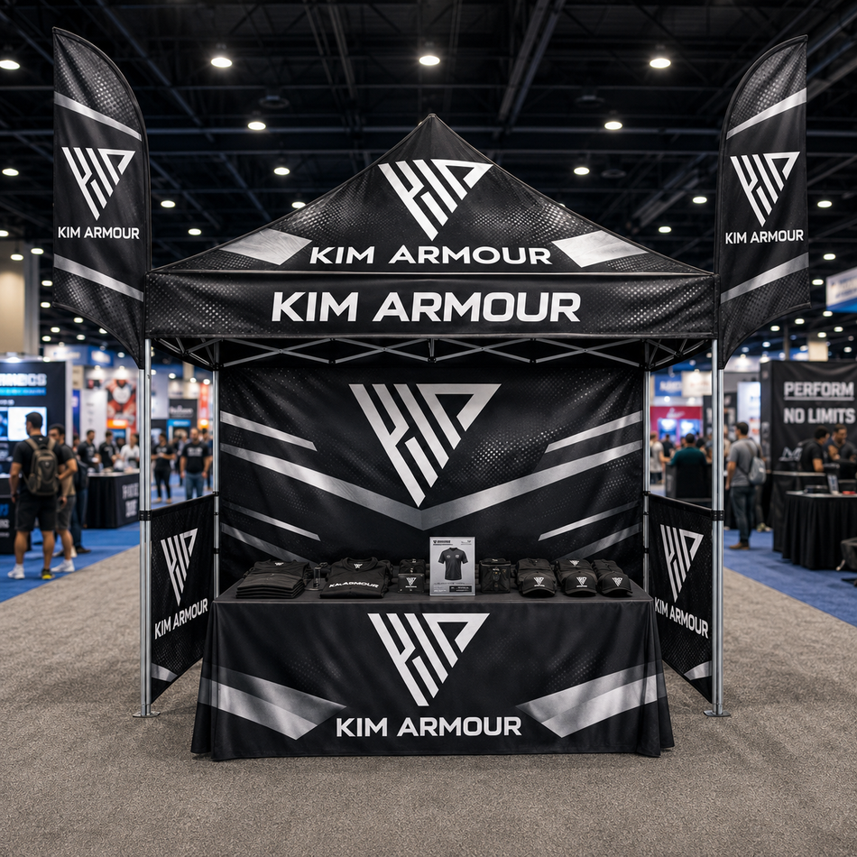 Trade Show Essential 10x10 Custom Canopy Tent – HEX Aluminum Frame, Full Back Wall & Half Side Walls + Mounted Flags + Table Cover
