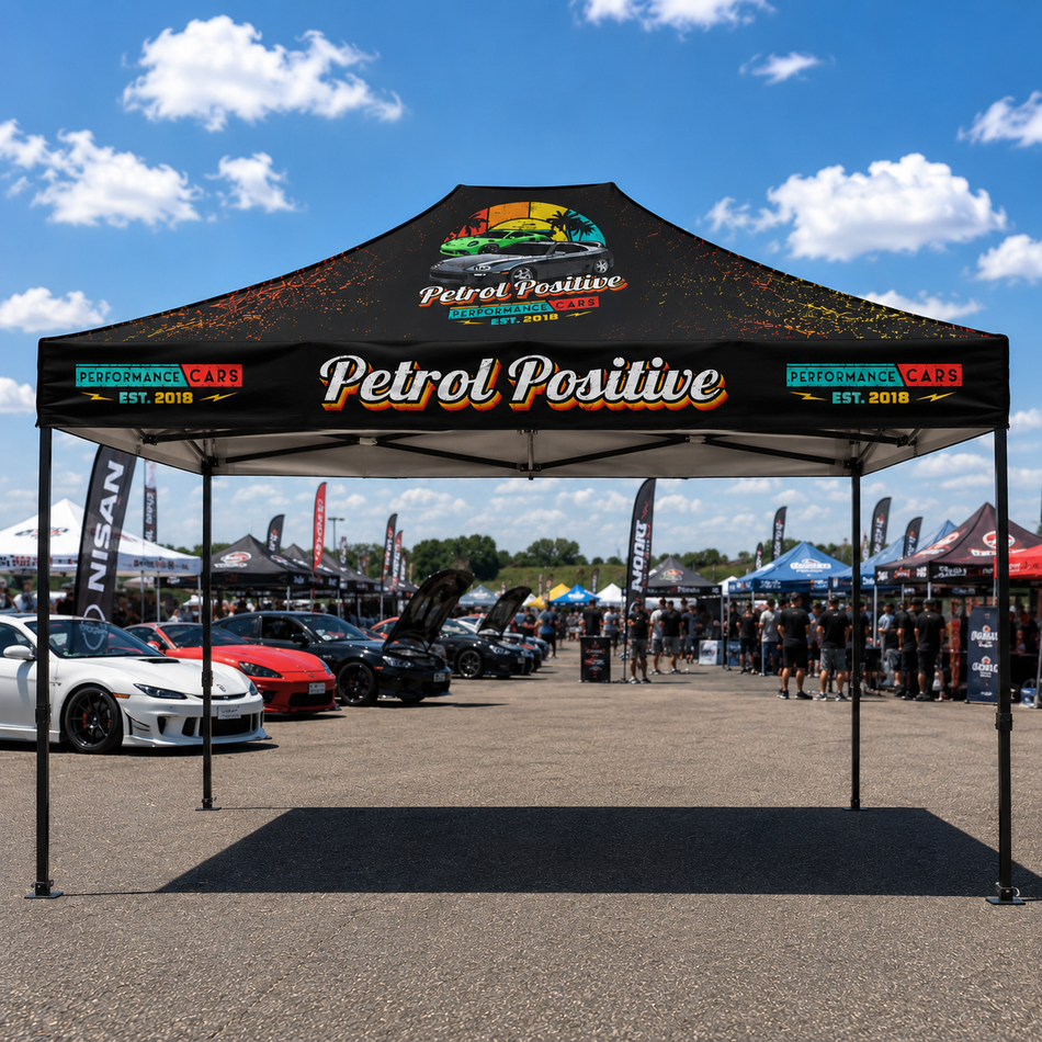 Carpa personalizada Premium 10x15 – Estructura hexagonal de aluminio (negra) y faldón de 17" (impresión por sublimación de tinta)