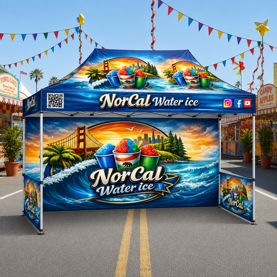 Carpa personalizada Premium 10x20 – Estructura hexagonal de aluminio (plateada) con pared trasera completa, dos medias paredes laterales y faldón de 17" (Impresión por sublimación de tinta)