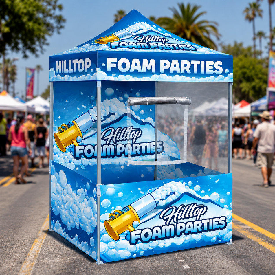 5'x5'~ Custom Food Booth Canopy Tent Package -Steel Frame, Full Back Wall & 3 Half Side Walls with Half Mesh with Windows.