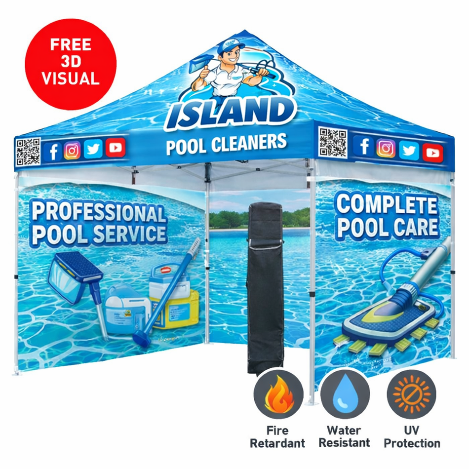 Carpa personalizada Premium 10x10 – Estructura hexagonal de aluminio (plateada) con tres paredes completas y faldón de 17" (Impresión por sublimación de tinta) 