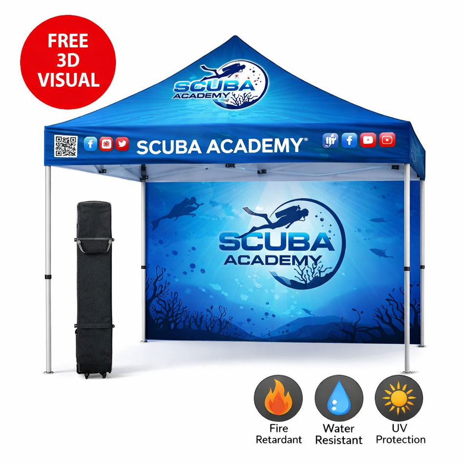 Carpa personalizada Premium 10x10 – Estructura hexagonal de aluminio (plateada) con pared trasera completa y faldón de 17" (Impresión por sublimación de tinta)