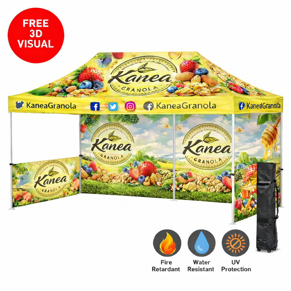 Carpa personalizada Premium 10x20 – Estructura hexagonal de aluminio (plateada) con pared trasera completa, dos medias paredes laterales y faldón de 17" (Impresión por sublimación de tinta)