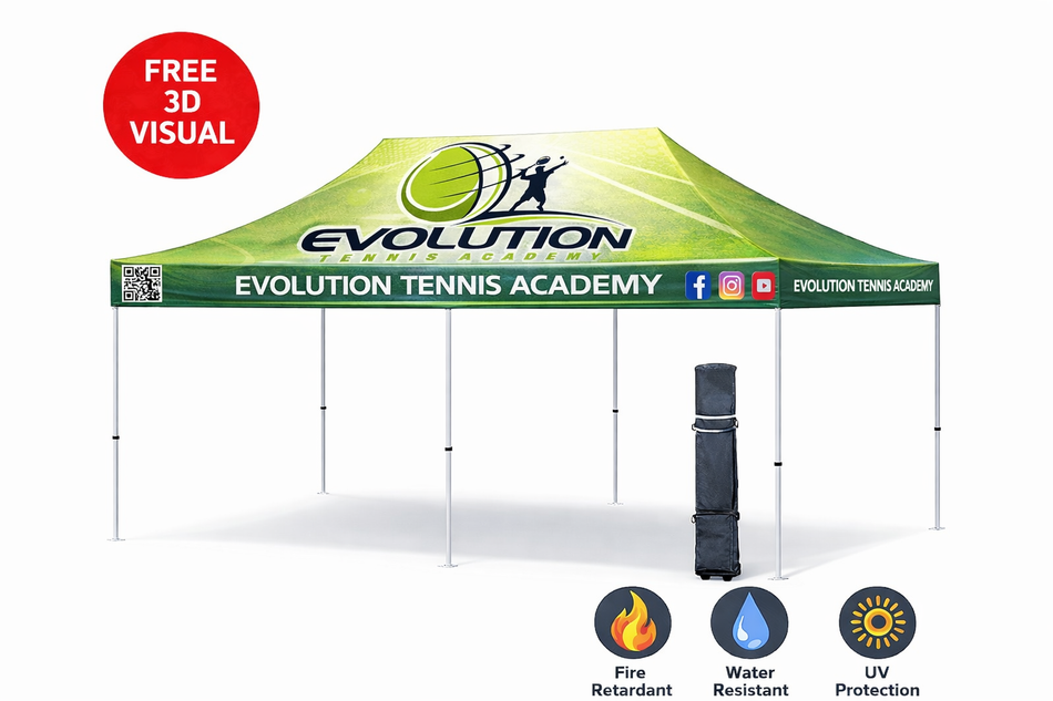 Carpa personalizada Premium 10x20 – Estructura hexagonal de aluminio (plateada) y faldón de 17" (impresión por sublimación de tinta)