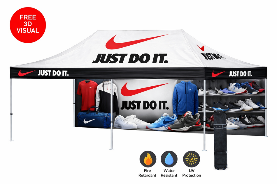 Carpa personalizada Premium 10x20 – Estructura hexagonal de aluminio (plateada) con pared trasera completa y faldón de 17" (Impresión por sublimación de tinta)