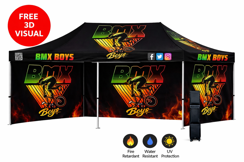 Carpa personalizada Premium 10x20 – Estructura hexagonal de aluminio (plateada) con tres paredes completas y faldón de 17" (Impresión por sublimación de tinta)