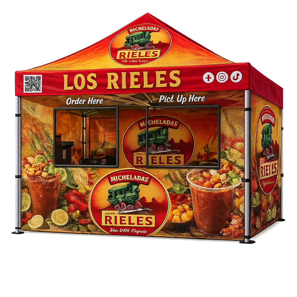Custom Food Booth Canopy Tent Package 10' x 10'-HEX Aluminum Frame, Full Back Wall & 3 Half Side Walls with Half Mesh with Windows.