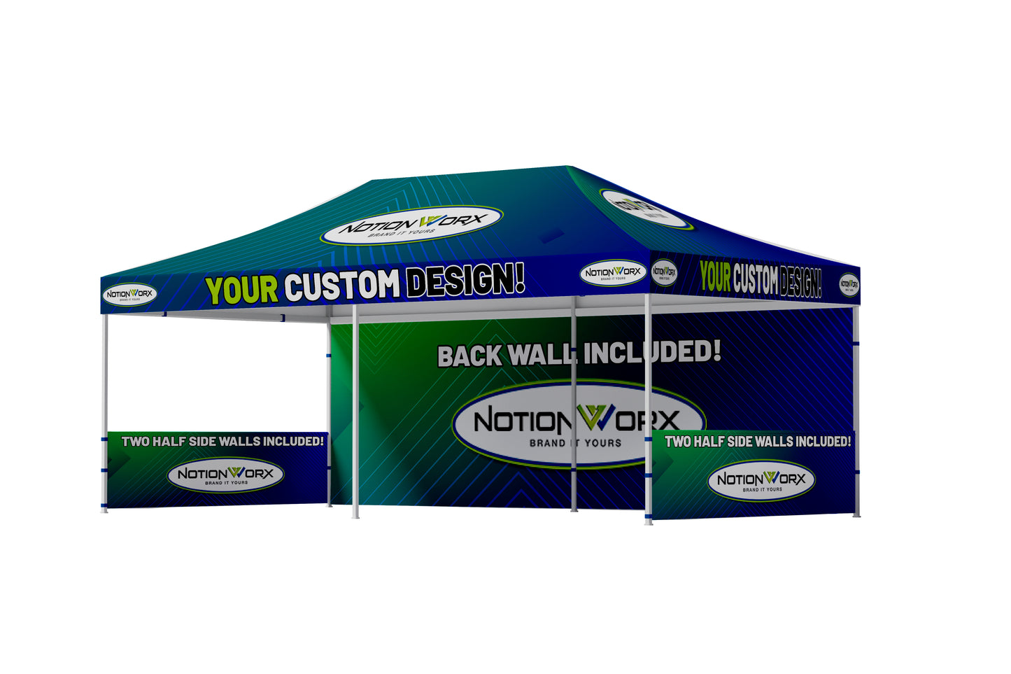 Premium 10x20 Custom Canopy Tent – HEX Aluminum Frame (Silver) with Full Back Wall, Two Half Side Walls & 17" Valance (Dye-Sublimation Printing)