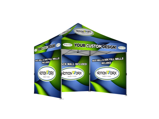 Premium 10x10 Custom Canopy Tent – HEX Aluminum Frame (Silver) with Three Full Walls & 17" Valance (Dye-Sublimation Printing)