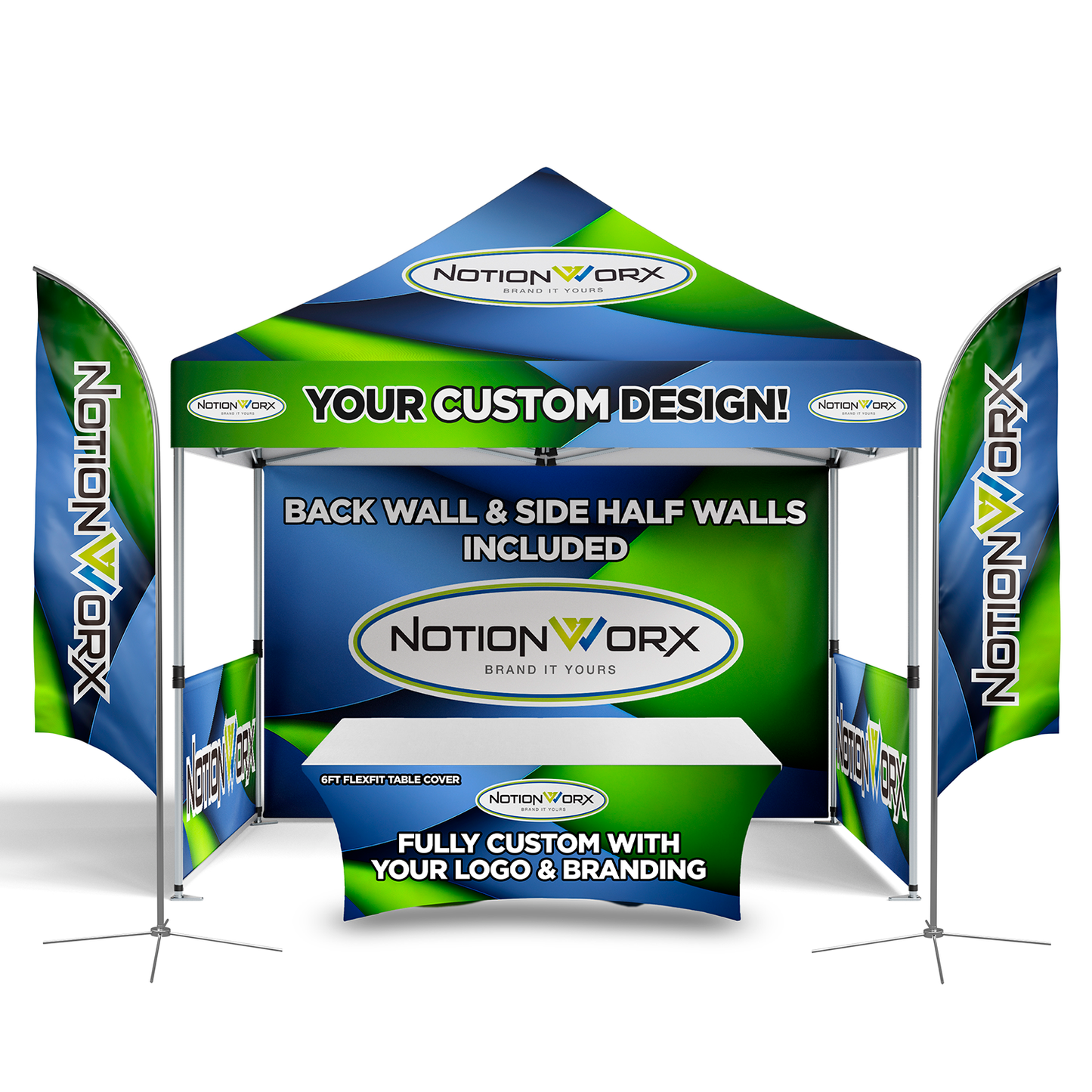 Trade Show Essential 10x10 Custom Canopy Tent – HEX Aluminum Frame, Full Back Wall & Half Side Walls + Flags + Table Cover