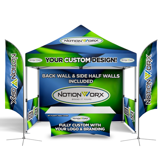Trade Show Essential 10x10 Custom Canopy Tent – HEX Aluminum Frame, Full Back Wall & Half Side Walls + Flags + Table Cover