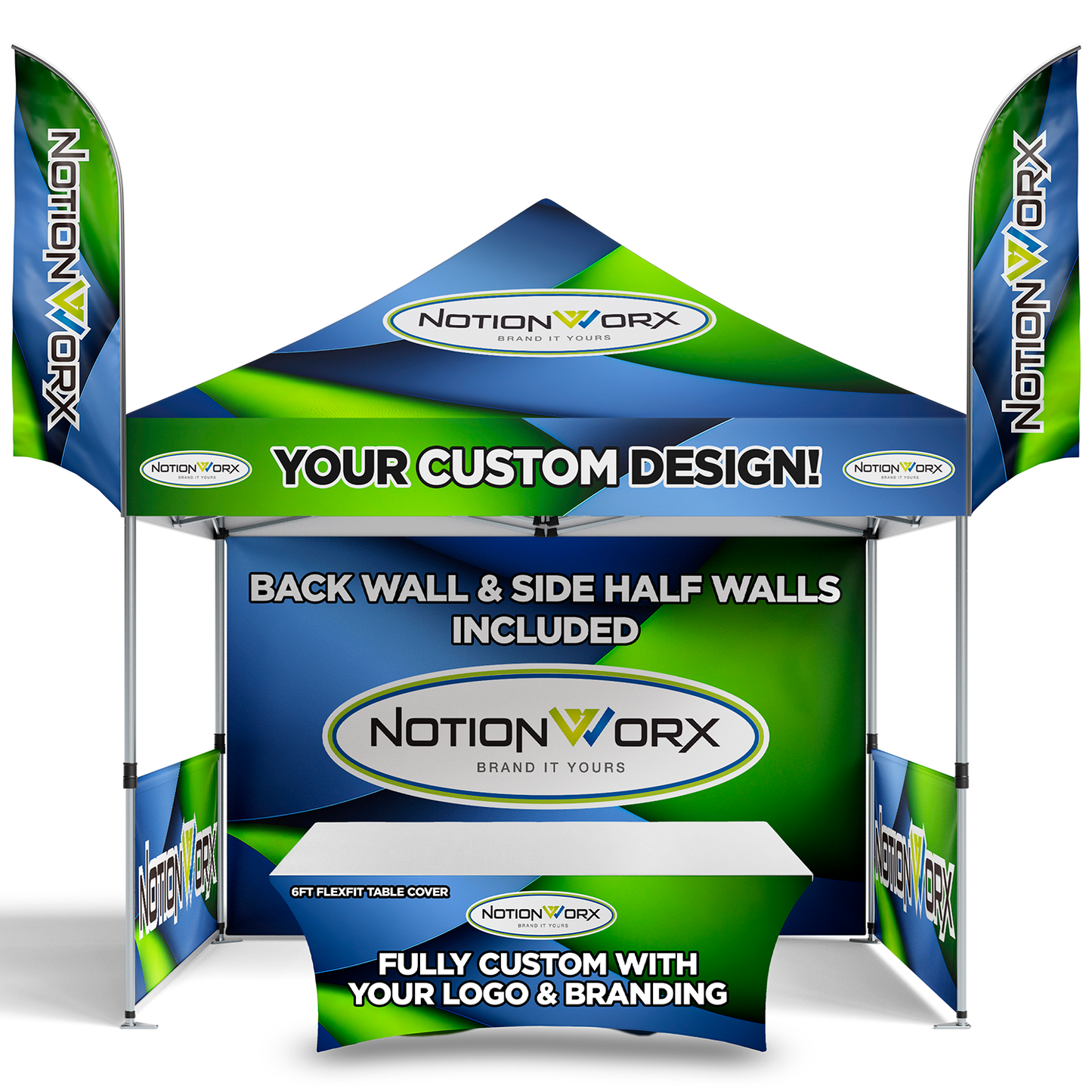 Trade Show Essential 10x10 Custom Canopy Tent – HEX Aluminum Frame, Full Back Wall & Half Side Walls + Mounted Flags + Table Cover